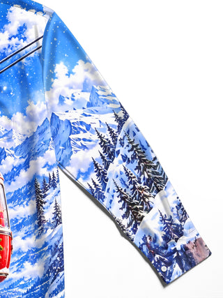 Adaychic Men's Long Sleeve Shirt - Mountain Cable Car With Christmas Gifts And Wreath Print with Chest Pocket