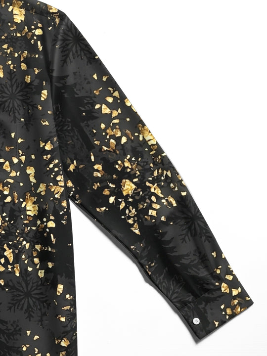 Adaychic Men's Printed Gold Snowflake And Gold Flake Pattern Long Sleeve Shirt with Chest Pocket