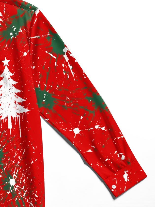 Adaychic Men's Long Sleeve Shirt - Christmas Tree And Snowflake With Paint Splatter Print with Chest Pocket