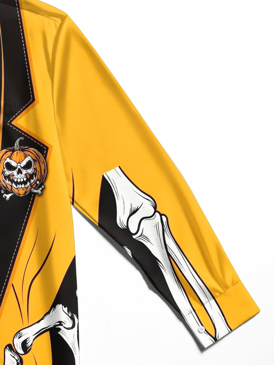 Adaychic Men's Graphic Skeleton Tuxedo Print Long Sleeve Shirt with Chest Pocket