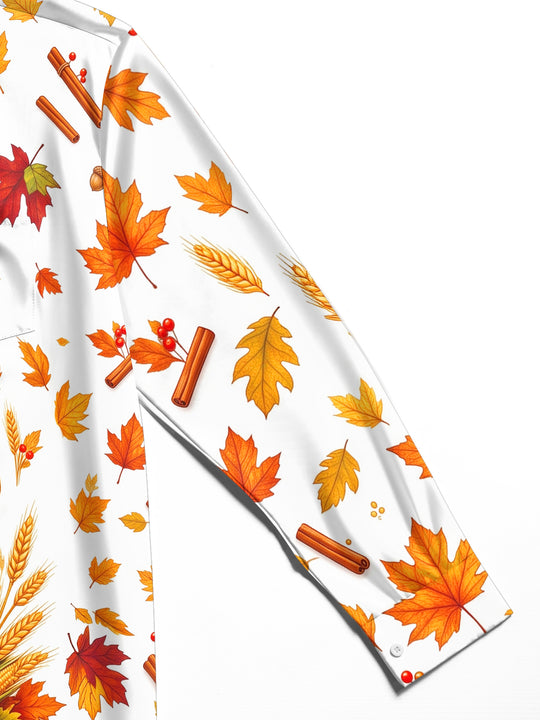 Adaychic Men's Long Sleeve Shirt - Thanksgiving Turkey And Harvest Cornucopia Print with Chest Pocket