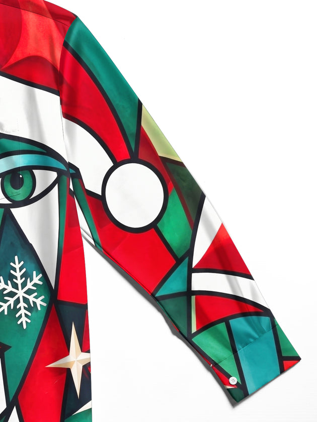 Adaychic Men's Long Sleeve Shirt - Abstract Geometric Face With Christmas Elements Print with Chest Pocket