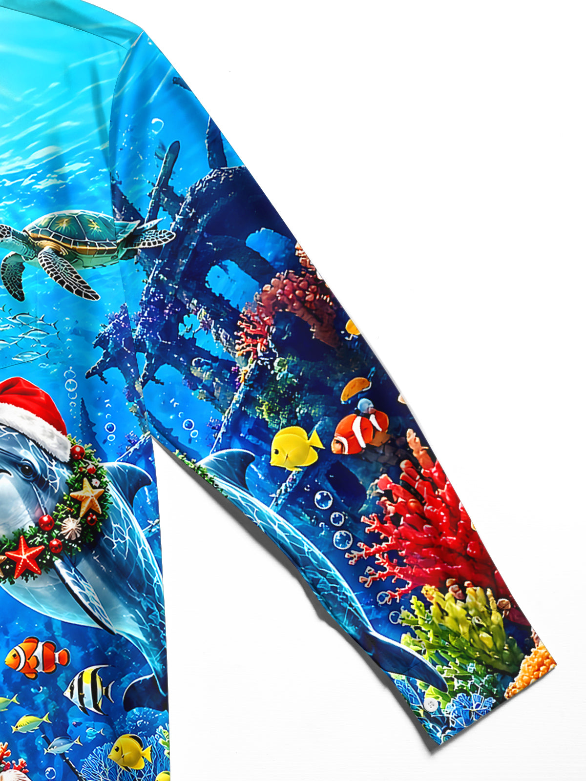 Adaychic Men's Hawaiian Christmas Dolphins Print Long Sleeve Shirt with Chest Pocket