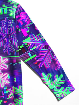 Adaychic Men's Long Sleeve Shirt - Neon Snowflakes With Glitch Art Background Print with Chest Pocket