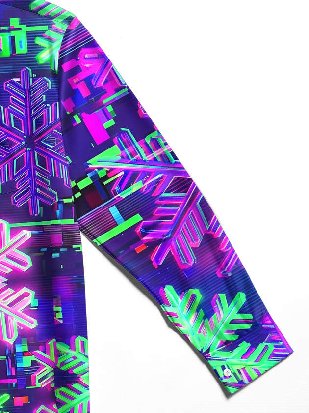 Adaychic Men's Long Sleeve Shirt - Neon Snowflakes With Glitch Art Background Print with Chest Pocket