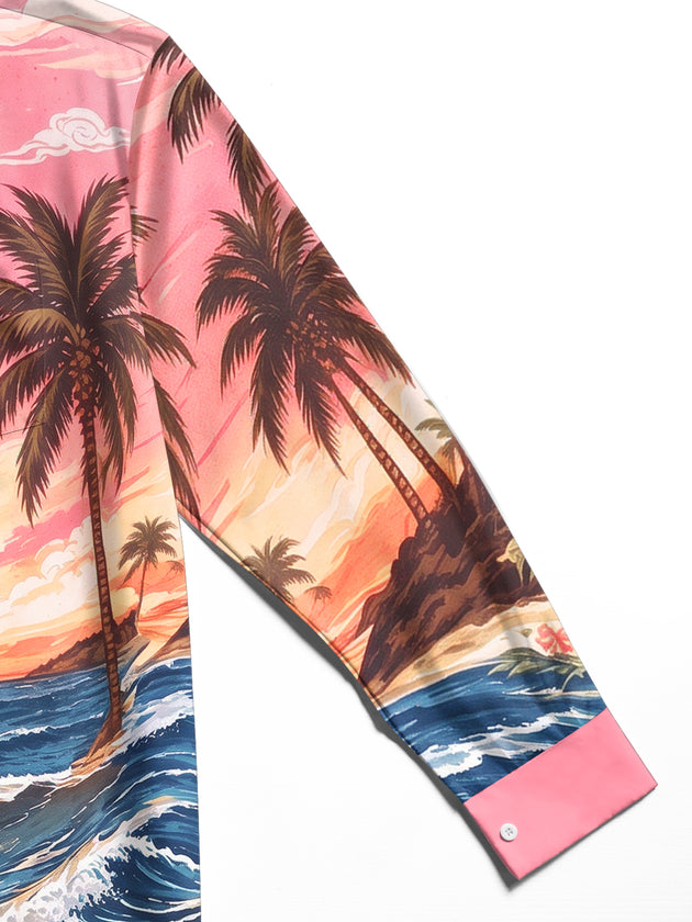 Adaychic Men's Palm Trees And Ocean Waves Print Long Sleeve Shirt with Chest Pocket