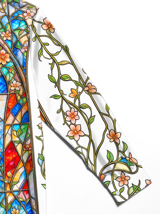 Adaychic Men's Stained Glass Window With Floral Vines Print Long Sleeve Shirt with Chest Pocket