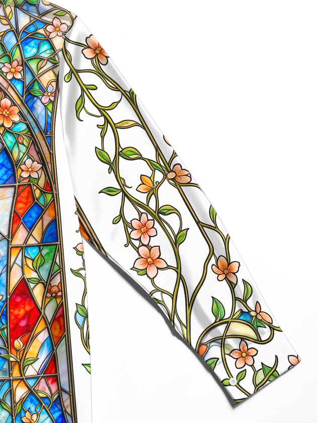Adaychic Men's Stained Glass Window With Floral Vines Print Long Sleeve Shirt with Chest Pocket