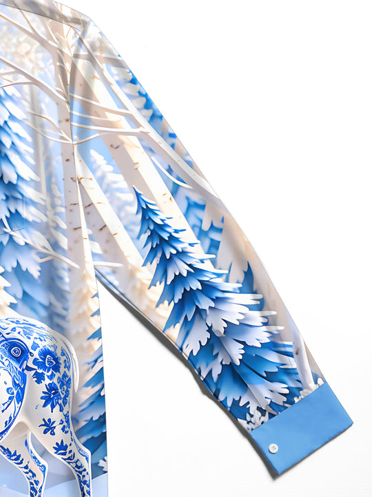 Adaychic Men's Graphic Blue And White Porcelain Elk Print Long Sleeve Shirt with Chest Pocket