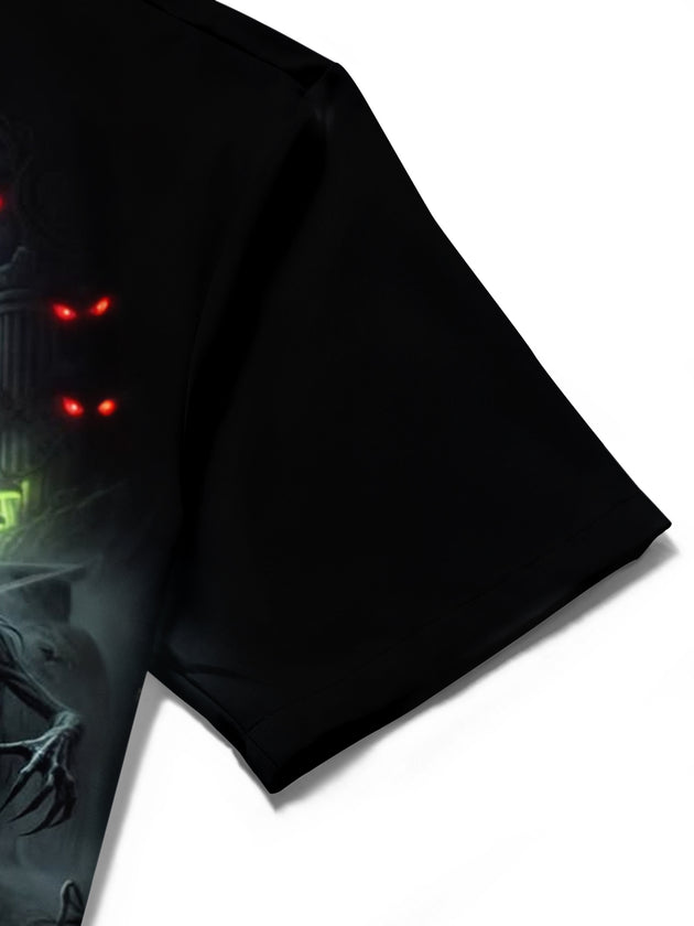 Adaychic Men's Graphic Grim Reaper Print Short Sleeve Shirt with Chest Pocket