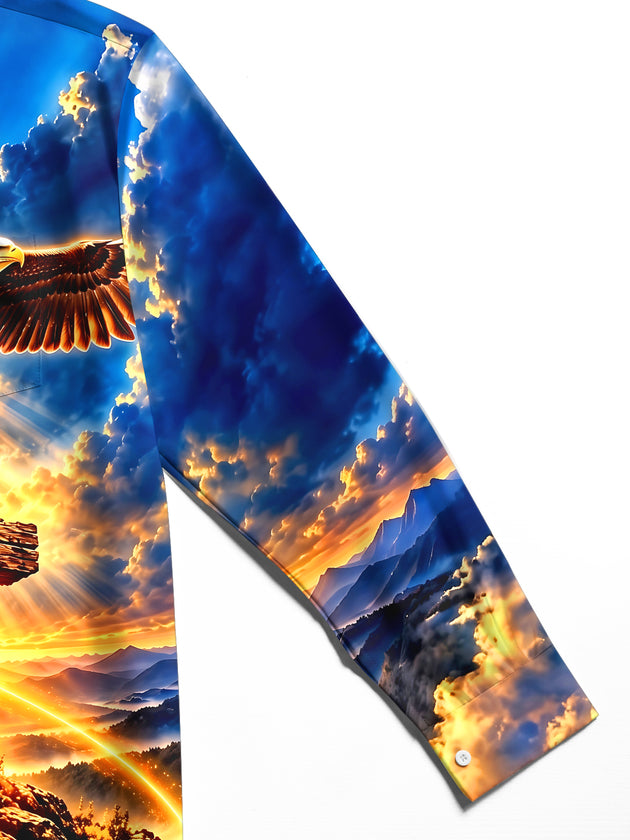 Adaychic Men's Printed Eagle Dove And Cross Print Long Sleeve Shirt with Chest Pocket