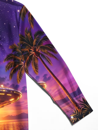 Adaychic Men's Hawaiian UFO Night Sky Print Palm Trees Print Long Sleeve Shirt with Chest Pocket