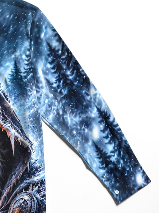 Adaychic Men's Long Sleeve Stand Collar Shirt - Frost Giant With Ice Hood And Glowing Orange Eyes Print