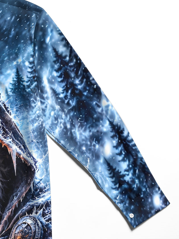 Adaychic Men's Long Sleeve Stand Collar Shirt - Frost Giant With Ice Hood And Glowing Orange Eyes Print
