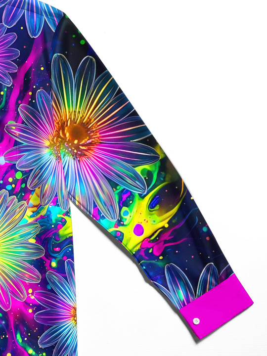 Adaychic Men's Hawaiian Neon Daisy Flowers Print Long Sleeve Shirt with Chest Pocket