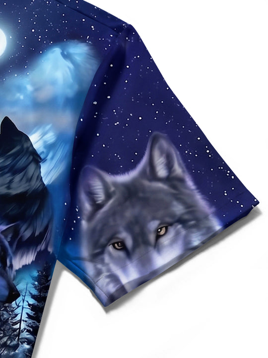 Adaychic Men's Hawaiian Howling Wolves Print Short Sleeve Shirt with Chest Pocket