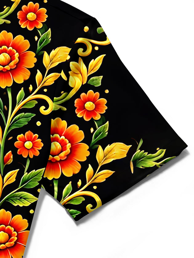 Adaychic Men's Hawaiian Sun With Face And Floral Vines Print Short Sleeve Shirt with Chest Pocket