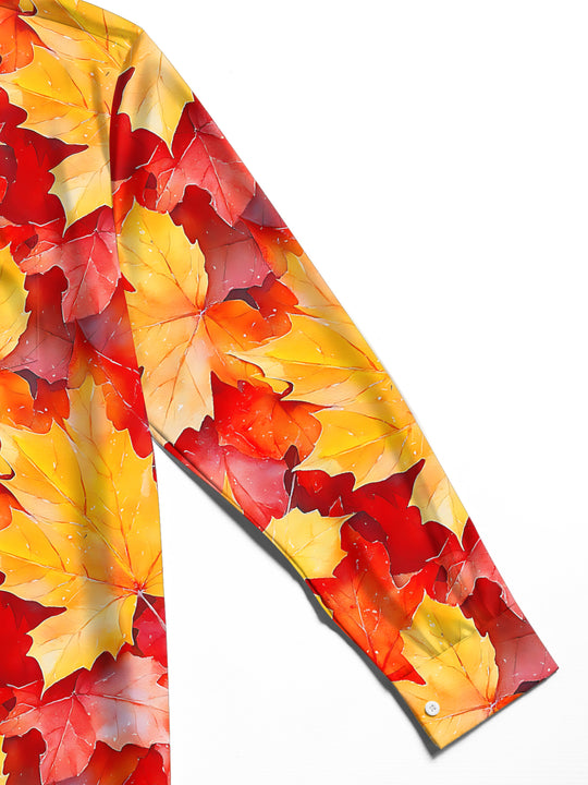 Adaychic Men's Printed Autumn Maple Leaves Print Long Sleeve Shirt with Chest Pocket