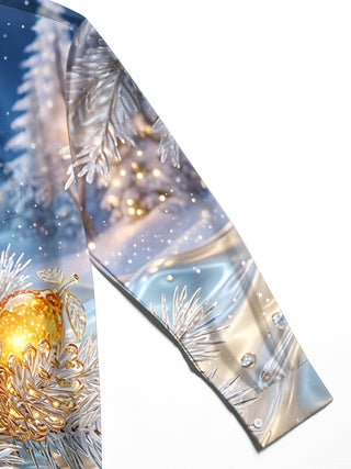 Adaychic Men's Long Sleeve Shirt - Golden Lemons And Pine Cones In Winter Snow Print with Chest Pocket