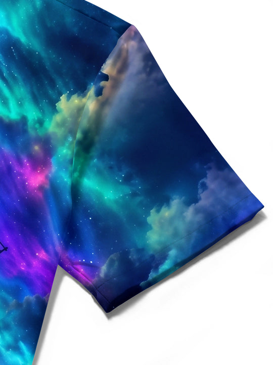 Adaychic Men's Windmill And Aurora Borealis Sky Print Short Sleeve Shirt with Chest Pocket