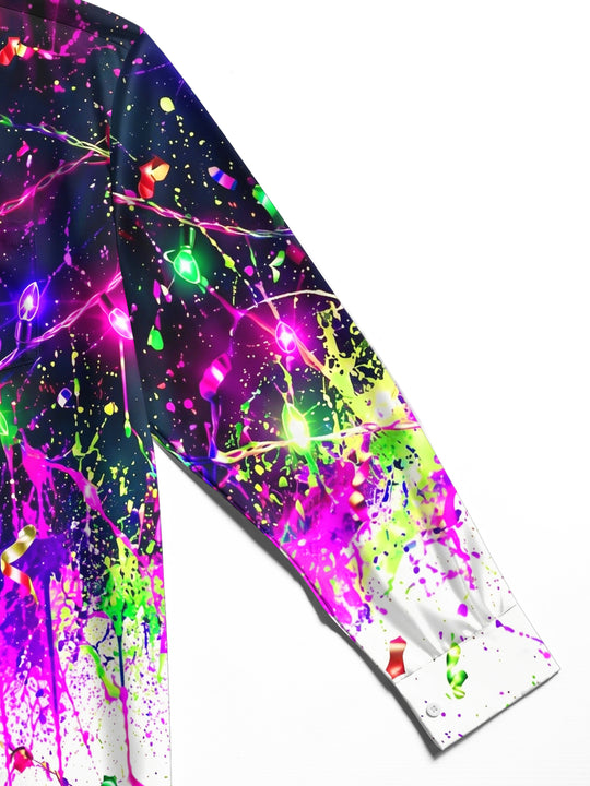Adaychic Men's Graphic Christmas Lights And Confetti Print Long Sleeve Shirt with Chest Pocket