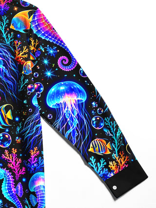 Adaychic Men's Graphic Neon Jellyfish And Seahorse Print Long Sleeve Shirt with Chest Pocket