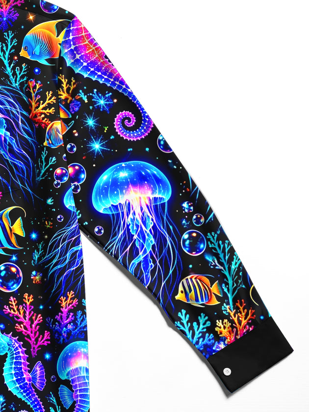 Adaychic Men's Graphic Neon Jellyfish And Seahorse Print Long Sleeve Shirt with Chest Pocket