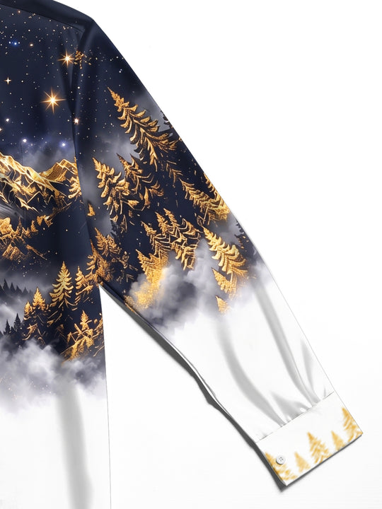 Adaychic Men's Printed Starry Sky Mountains And Forest Print Long Sleeve Shirt with Chest Pocket