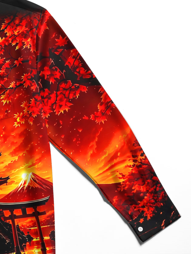 Adaychic Men's Printed Japanese Pagoda Sunset Print Long Sleeve Shirt with Chest Pocket