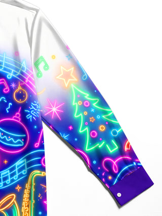 Adaychic Men's Long Sleeve Shirt - Neon Musical Instruments And Christmas Ornaments Print with Chest Pocket