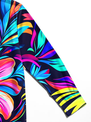 Adaychic Men's Neon Hibiscus Flower And Tropical Leaves Print Long Sleeve Shirt with Chest Pocket