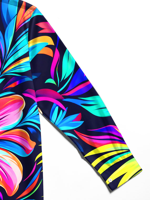 Adaychic Men's Neon Hibiscus Flower And Tropical Leaves Print Long Sleeve Shirt with Chest Pocket