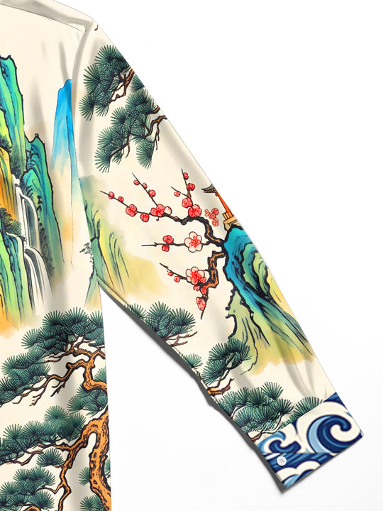 Adaychic Men's Long Sleeve Shirt - Asian Landscape With Mountains And Waterfalls Print with Chest Pocket