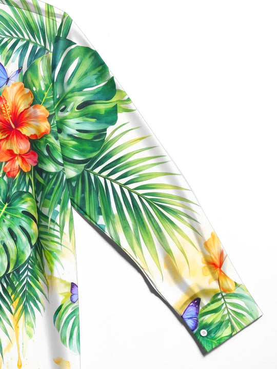 Adaychic Men's Long Sleeve Shirt - Tropical Hibiscus Flowers And Palm Leaves Print with Chest Pocket