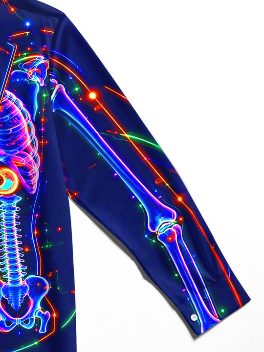 Adaychic Men's Neon Skeleton Anatomy With Organs Print Long Sleeve Shirt with Chest Pocket