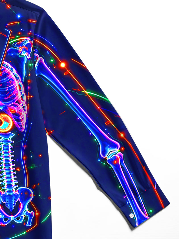 Adaychic Men's Neon Skeleton Anatomy With Organs Print Long Sleeve Shirt with Chest Pocket