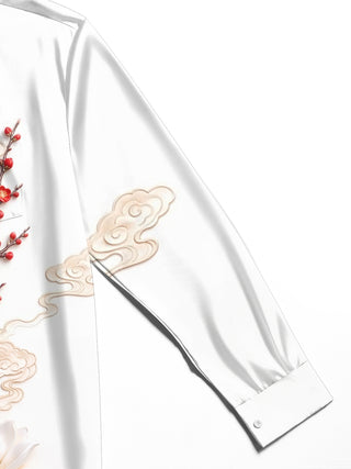 Adaychic Men's Long Sleeve Shirt - Blue Bird On Branch With Red Flowers And White Magnolias Print with Chest Pocket