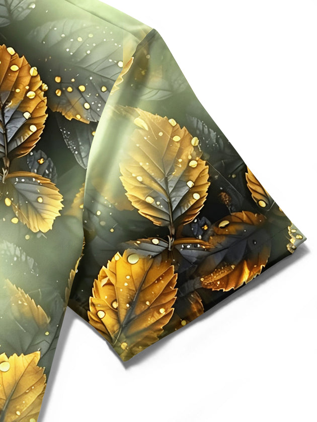 Adaychic Men's Hawaiian Golden Leaf Pattern Short Sleeve Shirt with Chest Pocket