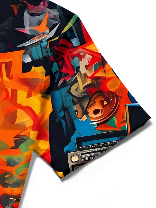 Adaychic Men's Graphic Abstract Fire Background Print Short Sleeve Shirt with Chest Pocket
