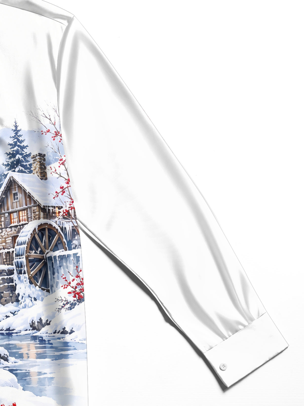 Adaychic Men's Long Sleeve Shirt - Winter Snowy Landscape With Wooden House And Waterwheel Print with Chest Pocket