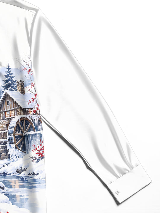Adaychic Men's Long Sleeve Shirt - Winter Snowy Landscape With Wooden House And Waterwheel Print with Chest Pocket