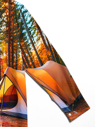Adaychic Men's Printed Autumn Forest Camping Scene Print Long Sleeve Shirt with Chest Pocket