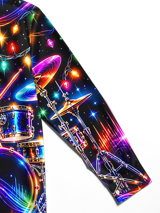 Adaychic Men's Neon Drum Kit And Christmas Lights Print Long Sleeve Shirt with Chest Pocket