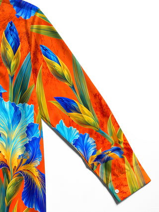 Adaychic Men's Blue Iris Flowers And Green Leaves Print Long Sleeve Shirt with Chest Pocket