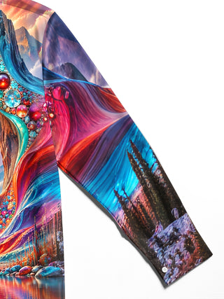 Adaychic Men's Long Sleeve Shirt - Psychedelic Mountain Lake Landscape With Mandala Sun Print with Chest Pocket