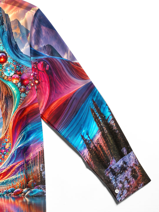 Adaychic Men's Long Sleeve Shirt - Psychedelic Mountain Lake Landscape With Mandala Sun Print with Chest Pocket
