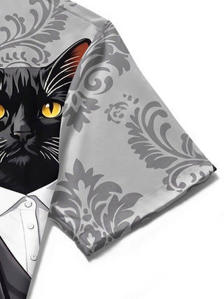 Adaychic Men's Hawaiian Cat In Tuxedo Print Short Sleeve Shirt with Chest Pocket