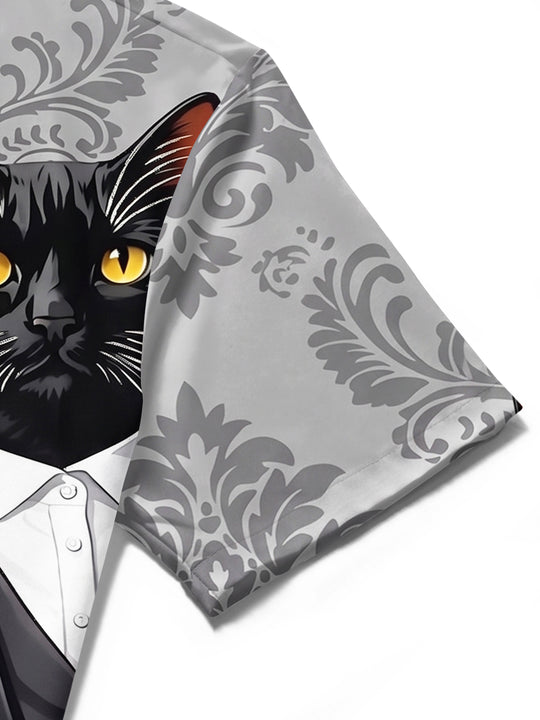 Adaychic Men's Hawaiian Cat In Tuxedo Print Short Sleeve Shirt with Chest Pocket