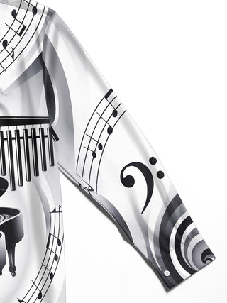 Adaychic Men's Graphic Piano Harp Music Note Pattern Long Sleeve Shirt with Chest Pocket
