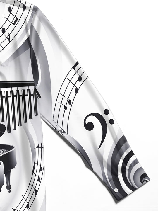 Adaychic Men's Graphic Piano Harp Music Note Pattern Long Sleeve Shirt with Chest Pocket